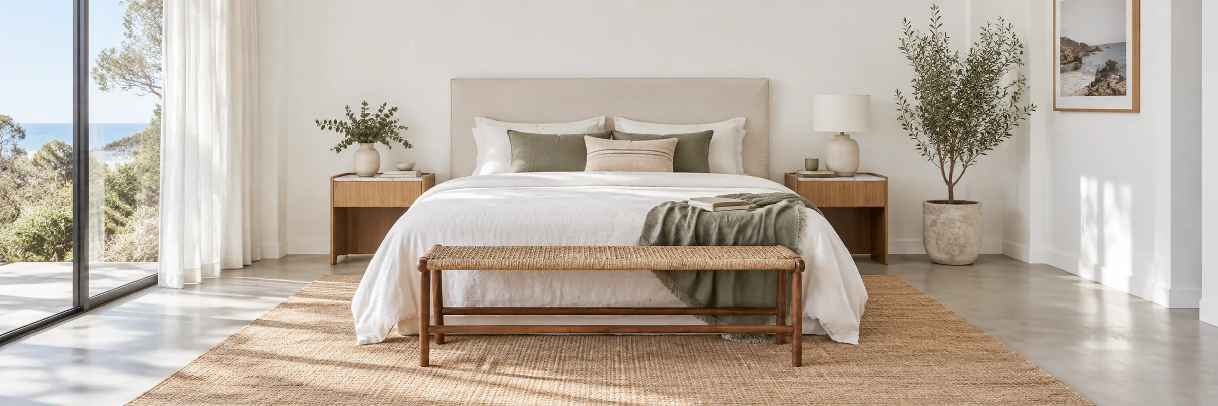 Kai Woven Bench styled in a furnished white coastal home
