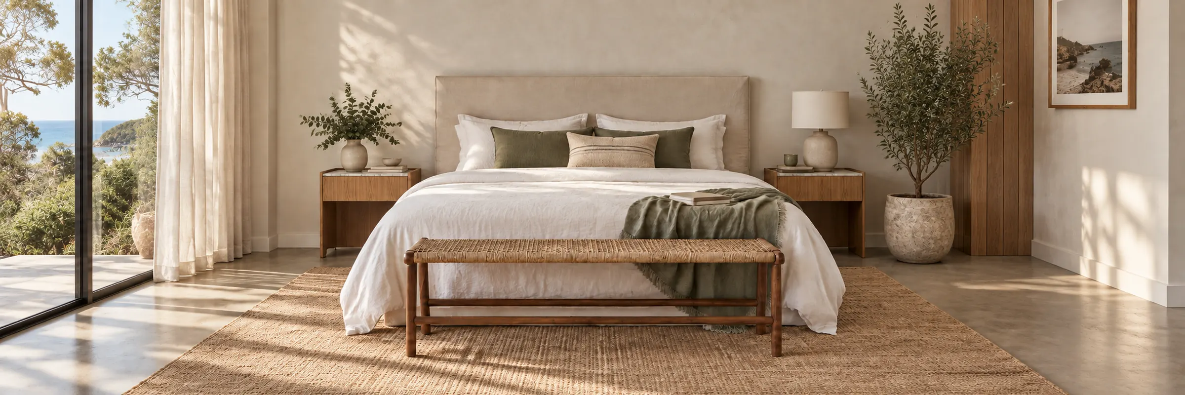 Kai Woven Bench in a warmly styled coastal home