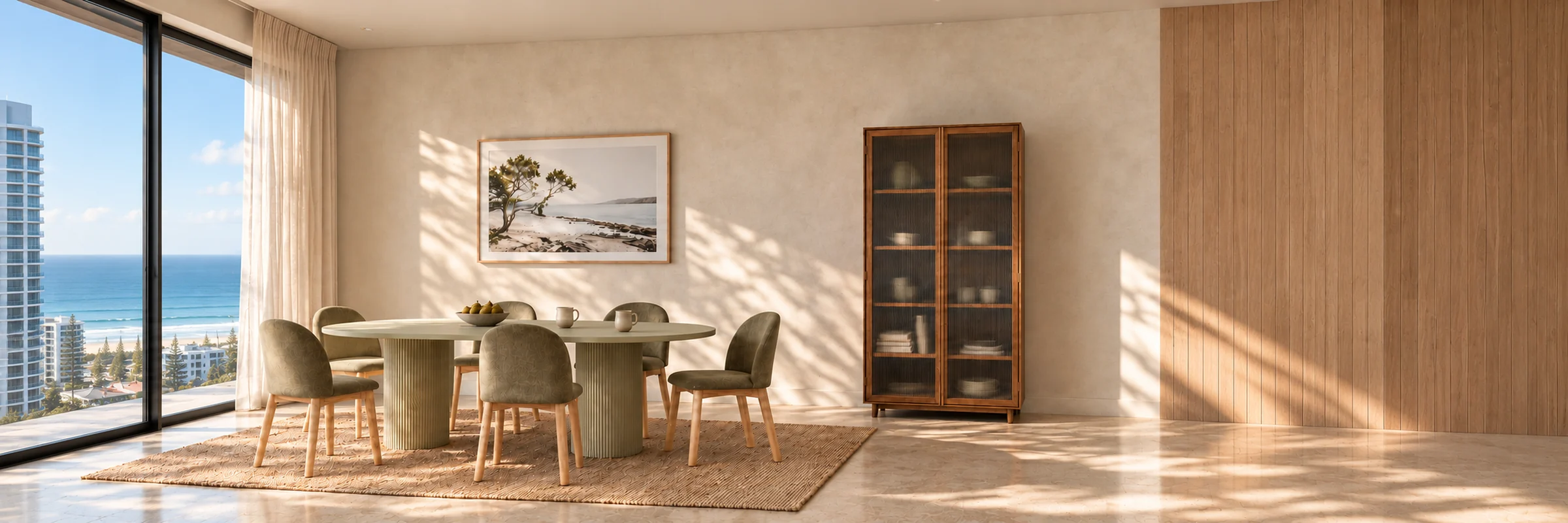dBodhi Motion Display Cabinet 2 Textured Glass Doors in a warmly styled coastal home