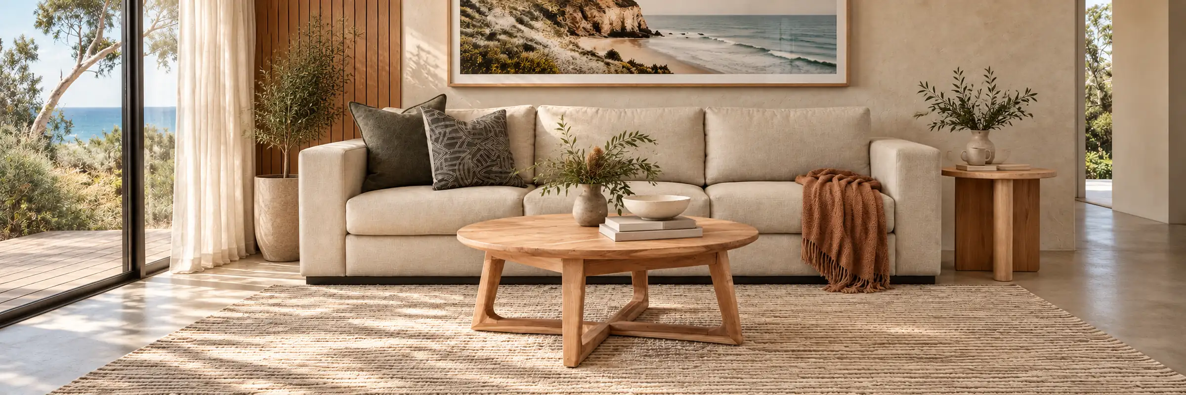 Aspen Round Coffee Table in a warmly styled coastal home