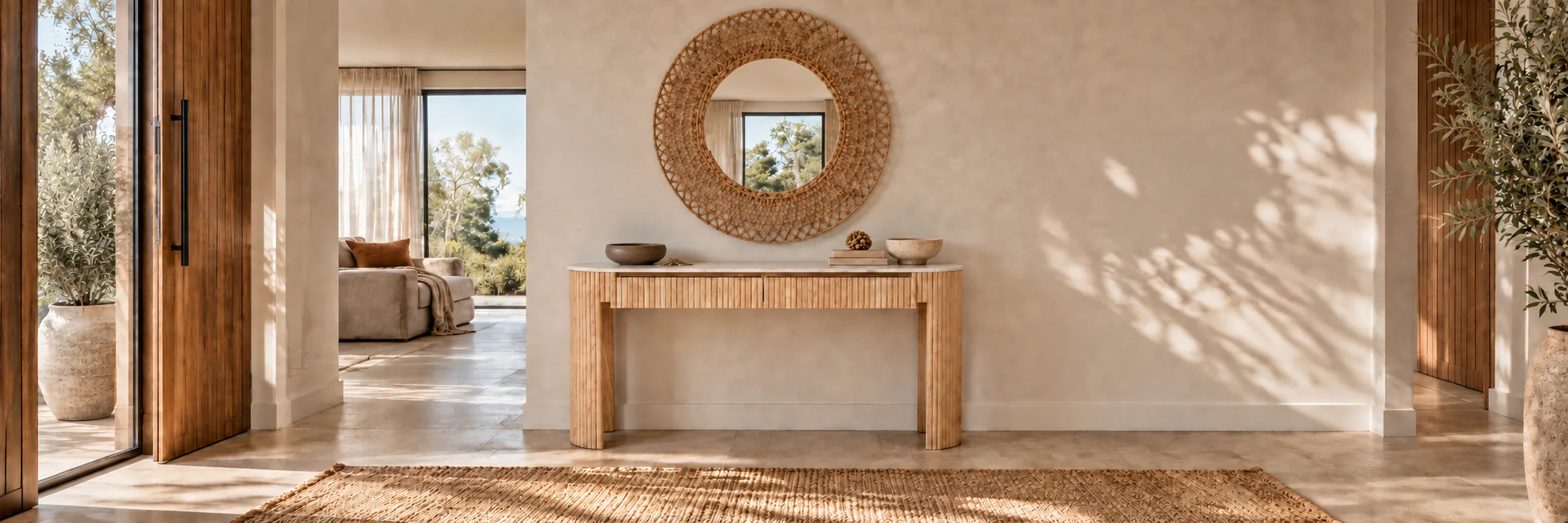 Benjamin Ripple Grand Marble Console - Matt White Marble - Natural Ash in a warmly styled coastal home