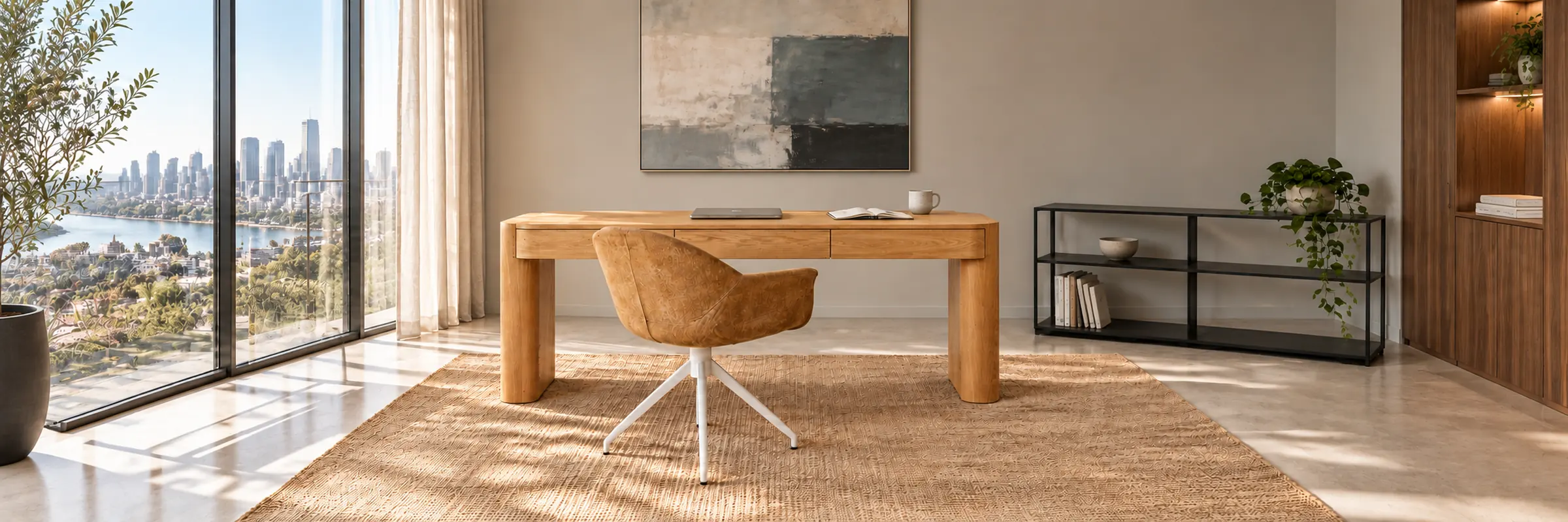 Floyd Desk - Natural Ash Veneer with Daisy Spider Leg Office Chair in a warmly styled coastal home