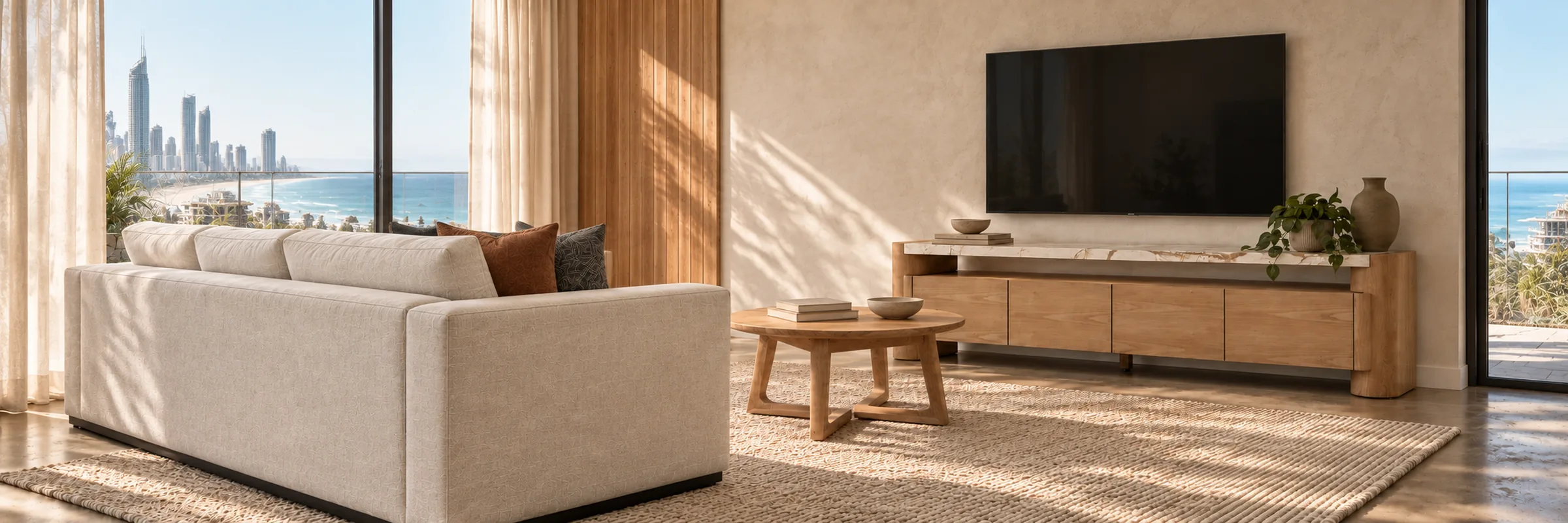 Floyd Marble Entertainment Unit - Matt Brown Vein Marble - Natural Ash Veneer in a warmly styled coastal home