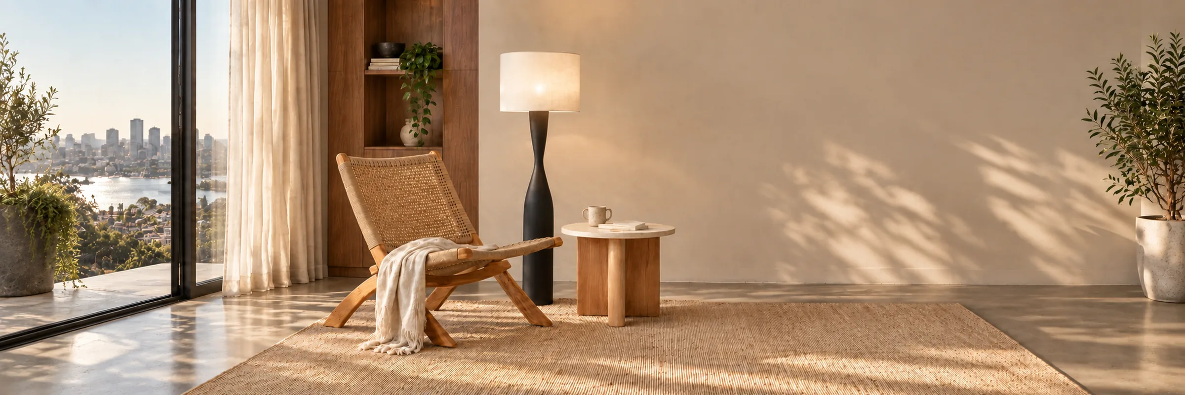 Cali Floor Lamp in a warmly styled coastal home