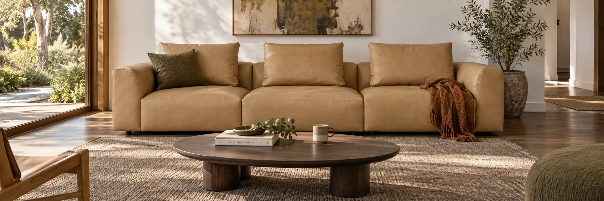 Tolv Peal modular sofa in arena tan leather in a sunlit coastal living room