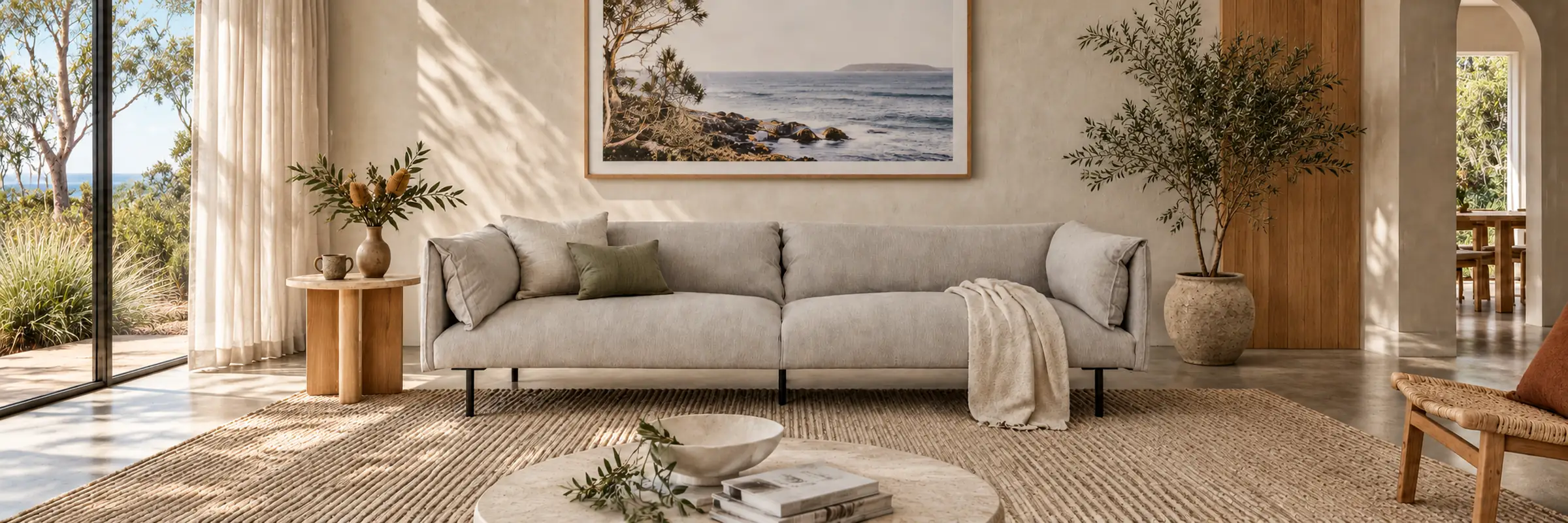 Felix Fold 4 Seater Sofa - Windy Grey in a warmly styled coastal home