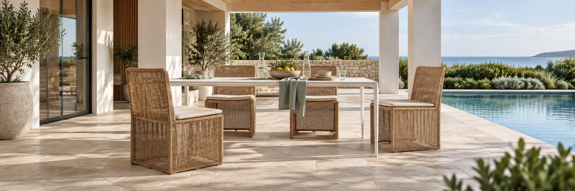 Portsea Classic Dining Tables - White Stone - White in a warmly styled coastal home