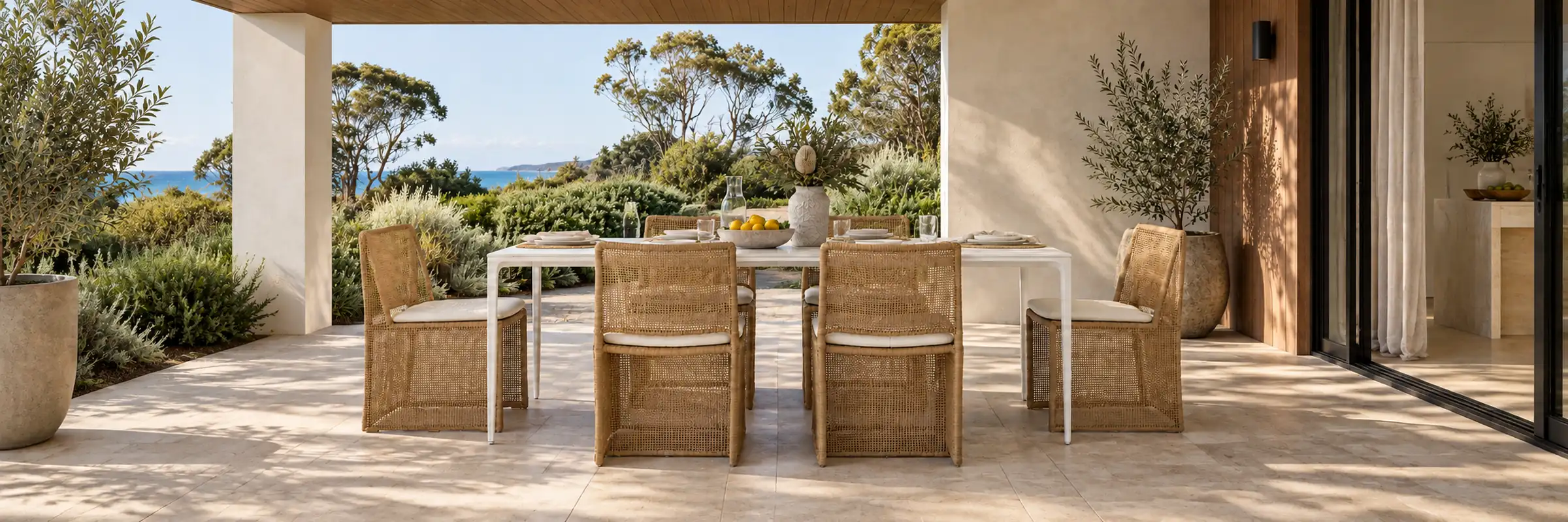 Portsea Classic Dining Tables - White Stone - White in a warmly styled coastal home