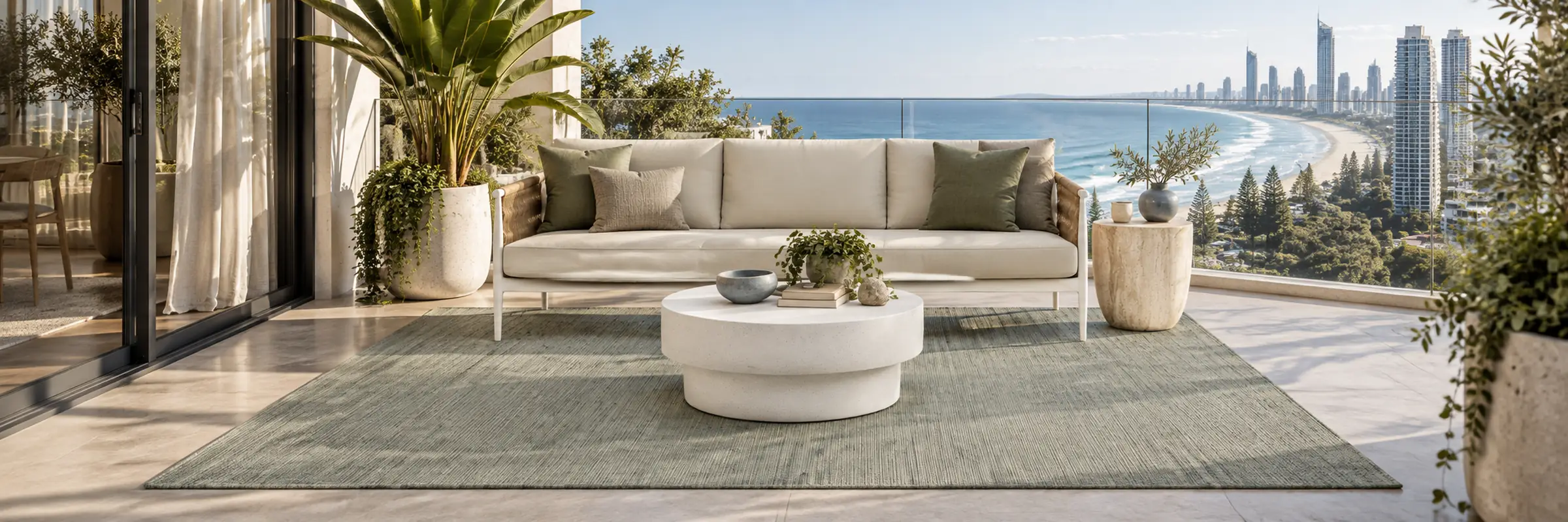 Mira PET Outdoor Rug – Eucalyptus in a warmly styled coastal home