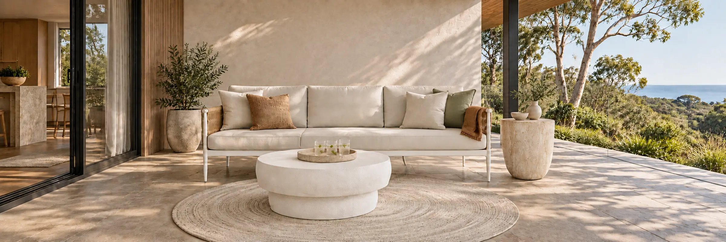 Delphi 3 Seater Sofa - Coconut - Natural Weave in a warmly styled coastal home