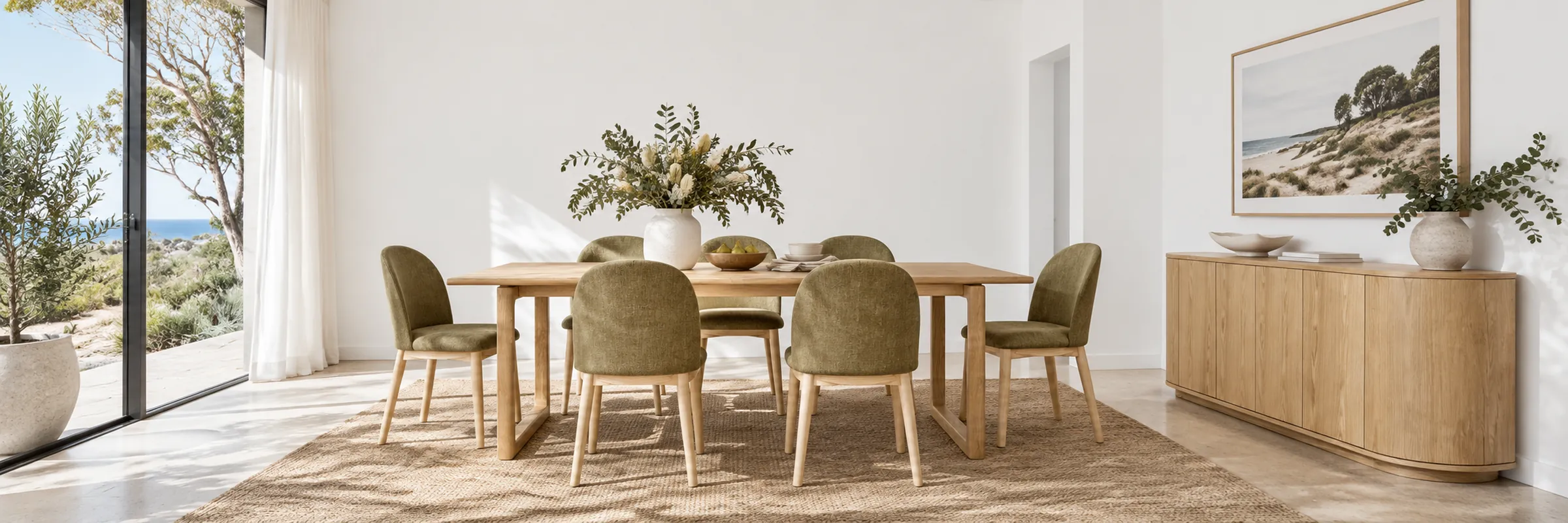 Maverick Oak Dining Table styled in a furnished white coastal home