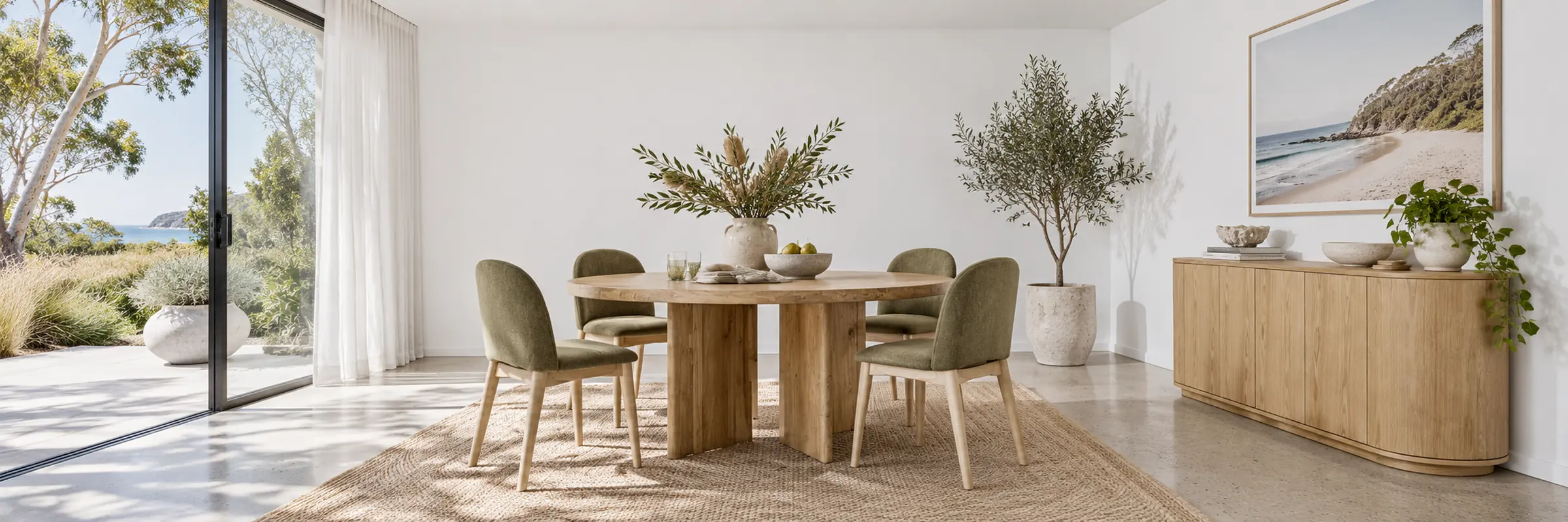 Phoenix Round Dining Table styled in a furnished white coastal home