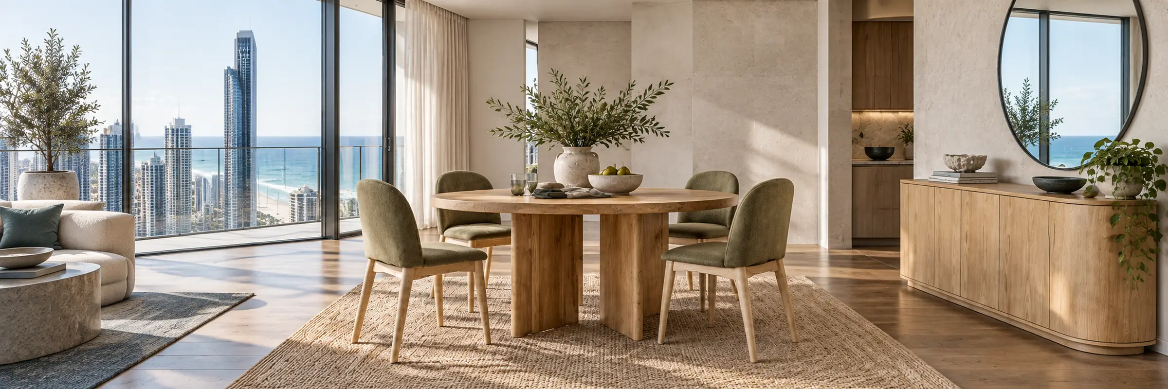 Phoenix Round Dining Table in a warmly styled coastal home
