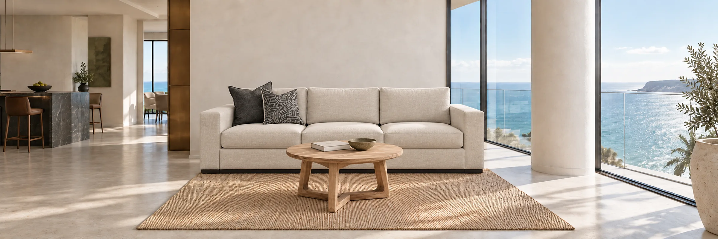 Aurelia Jute Floor Rug in a warmly styled coastal home