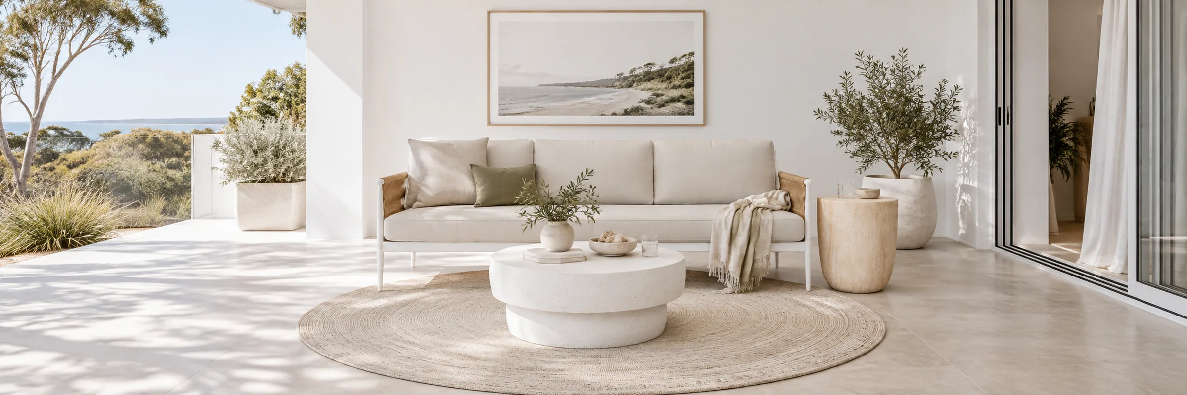 Coastal PET Round Rug styled in a furnished white coastal home