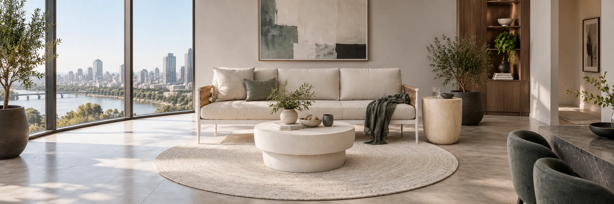 Coastal PET Round Rug in a warmly styled coastal home