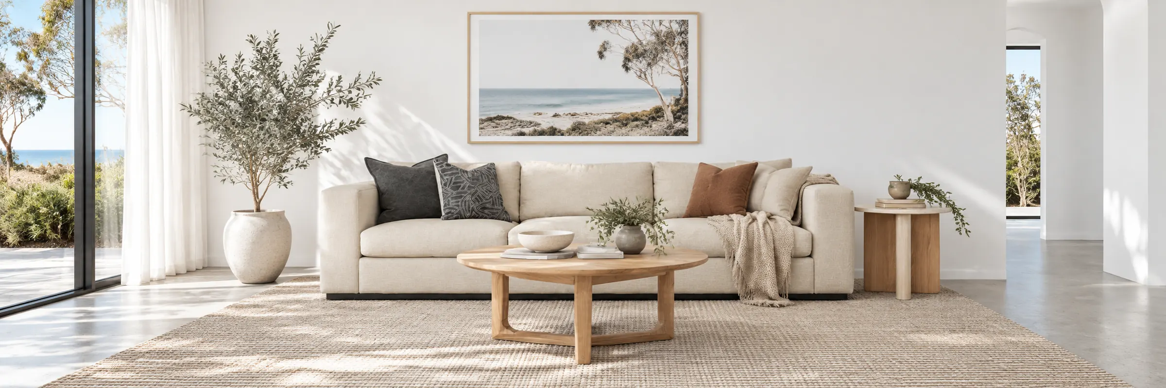 Fremont Wool Rug styled in a furnished white coastal home