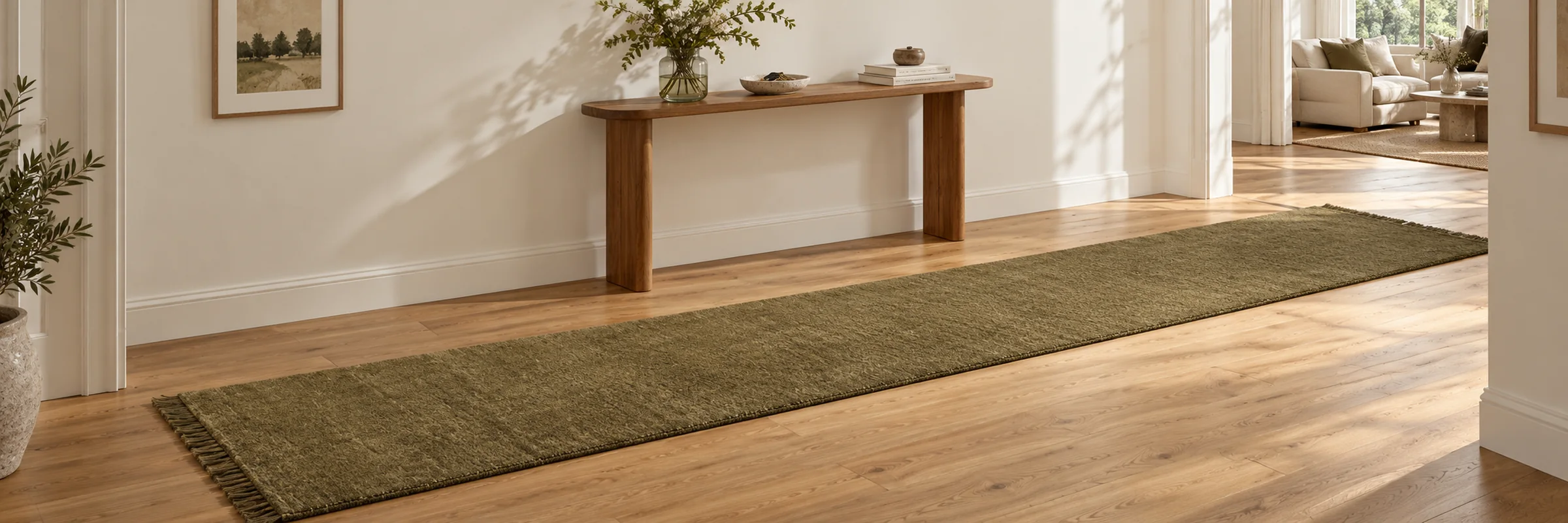 Baya Sandringham Moss floor runner 90x500cm along a white coastal hallway