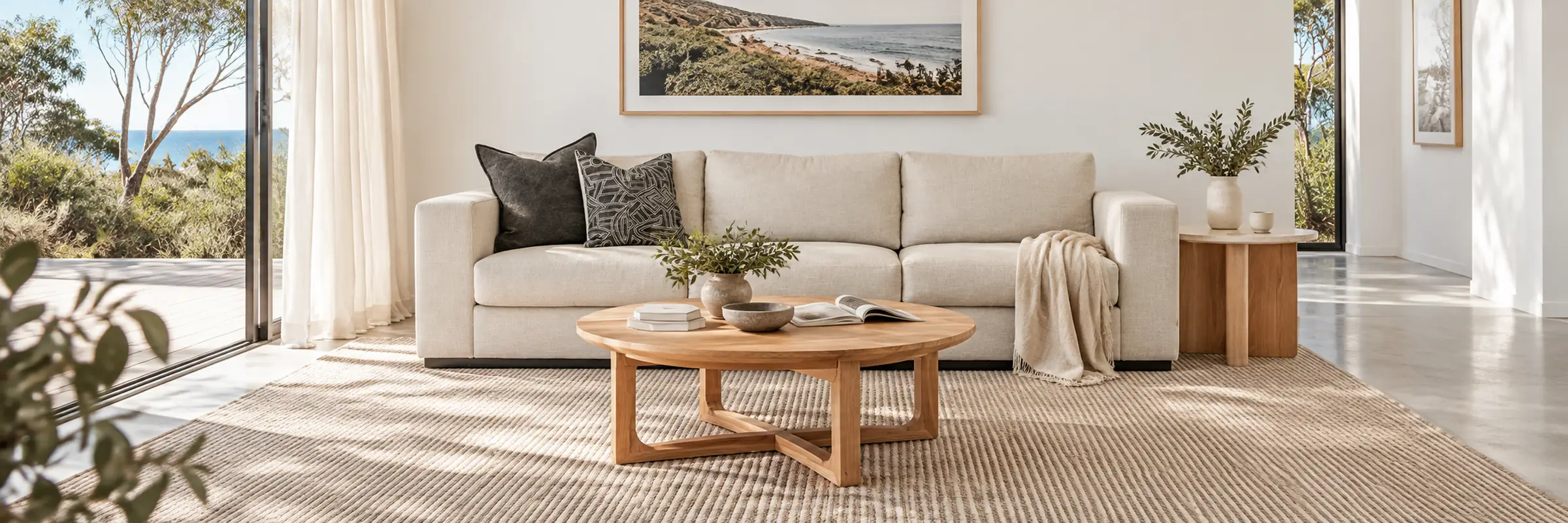 Scully Australian Made Sofa styled in a furnished white coastal home