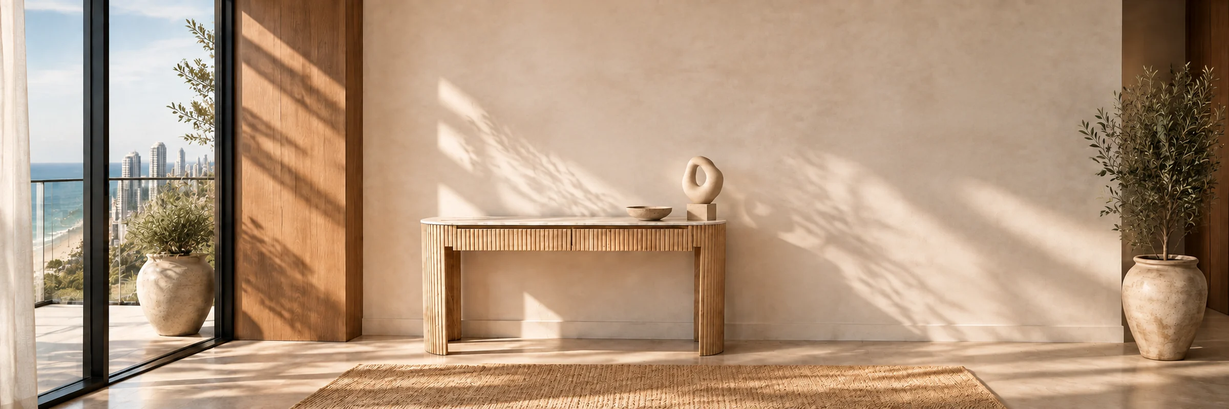 Alba Stone Orb in a warmly styled coastal home