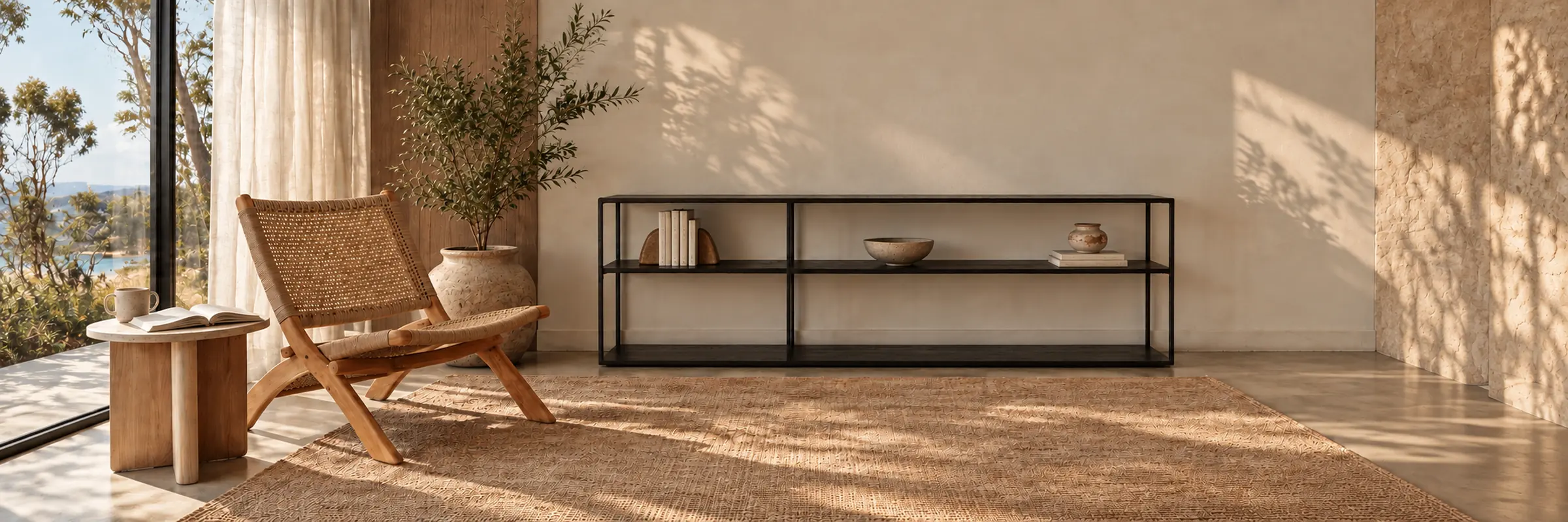 Noah Low Shelf in a warmly styled coastal home