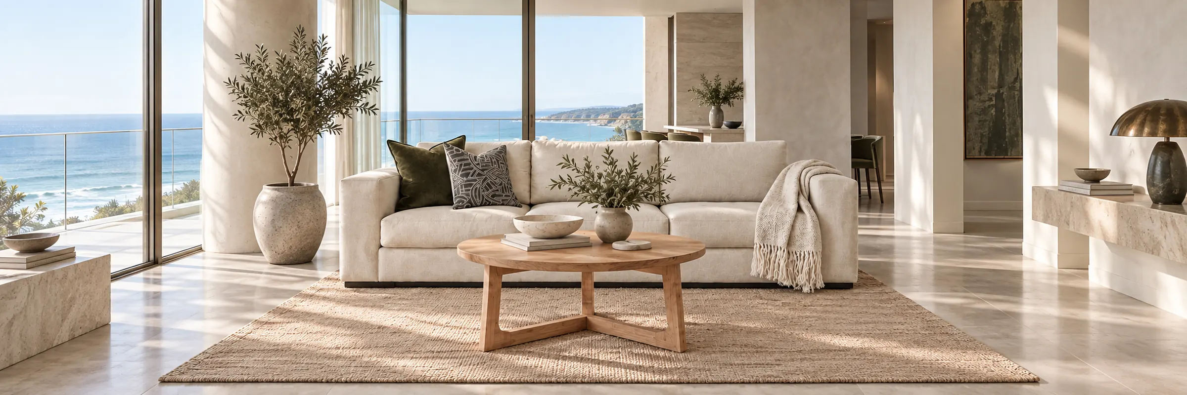Karan Handwoven Linen Throw in a warmly styled coastal home