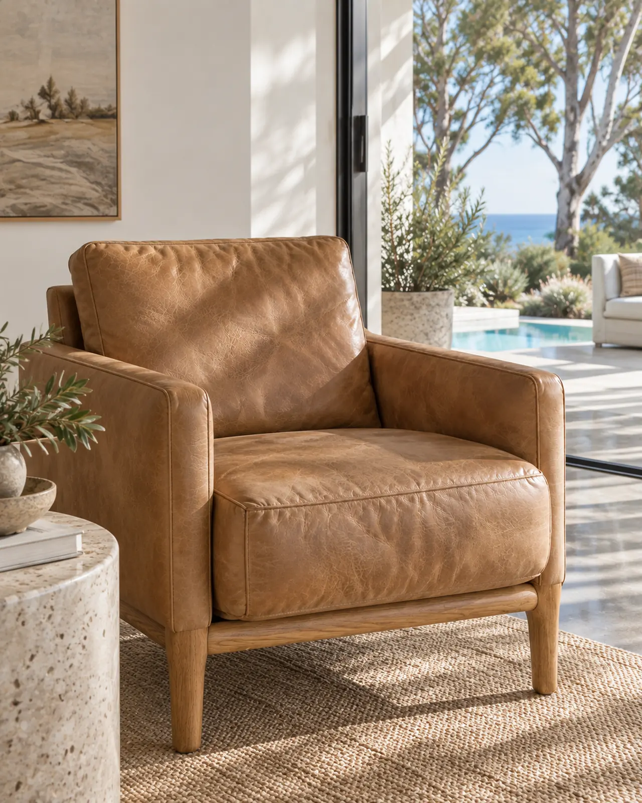 Tan leather armchair with two upholstered arms, soft patina and a pool beyond the doors