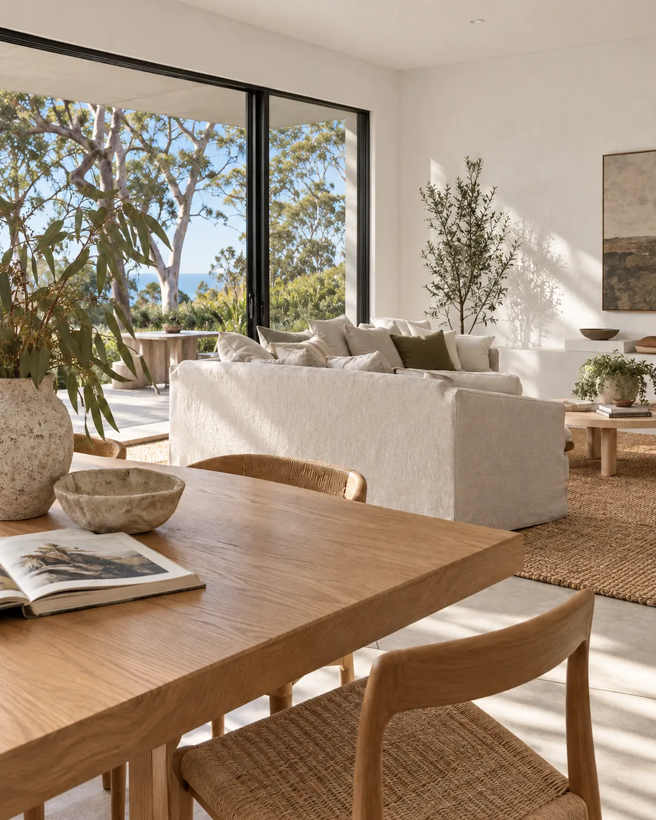 Oak dining table corner with a linen sofa, jute rug and open sliders beyond