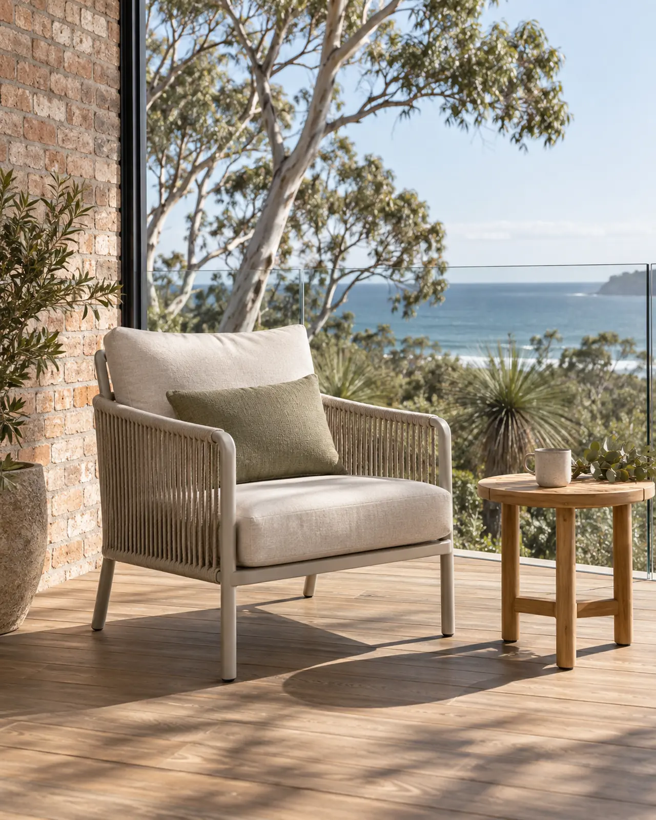 Aluminium and rope armchair beside a teak table on a coastal deck