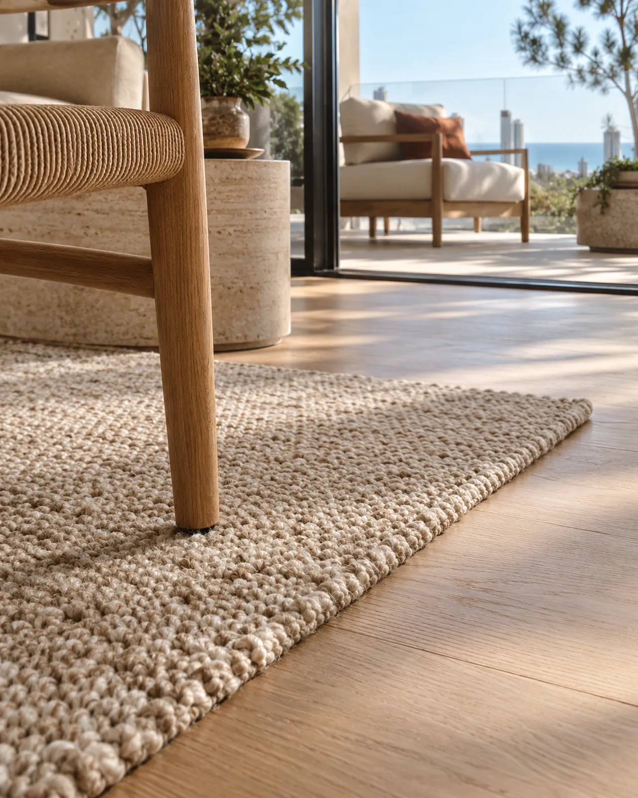 Textured wool rug meeting oak boards beside a chair leg and open terrace