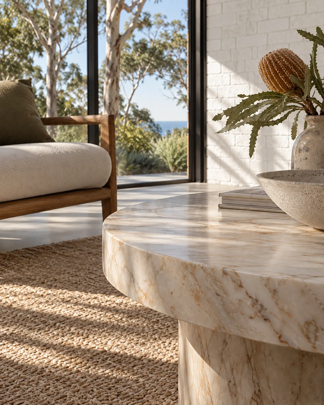 Warm-veined marble coffee table edge with ceramics beside a white brick wall
