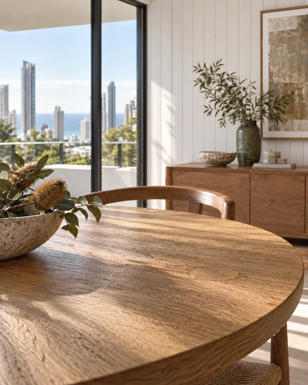 Oak tabletop grain and a faint ring mark beside a window and white timber panelling