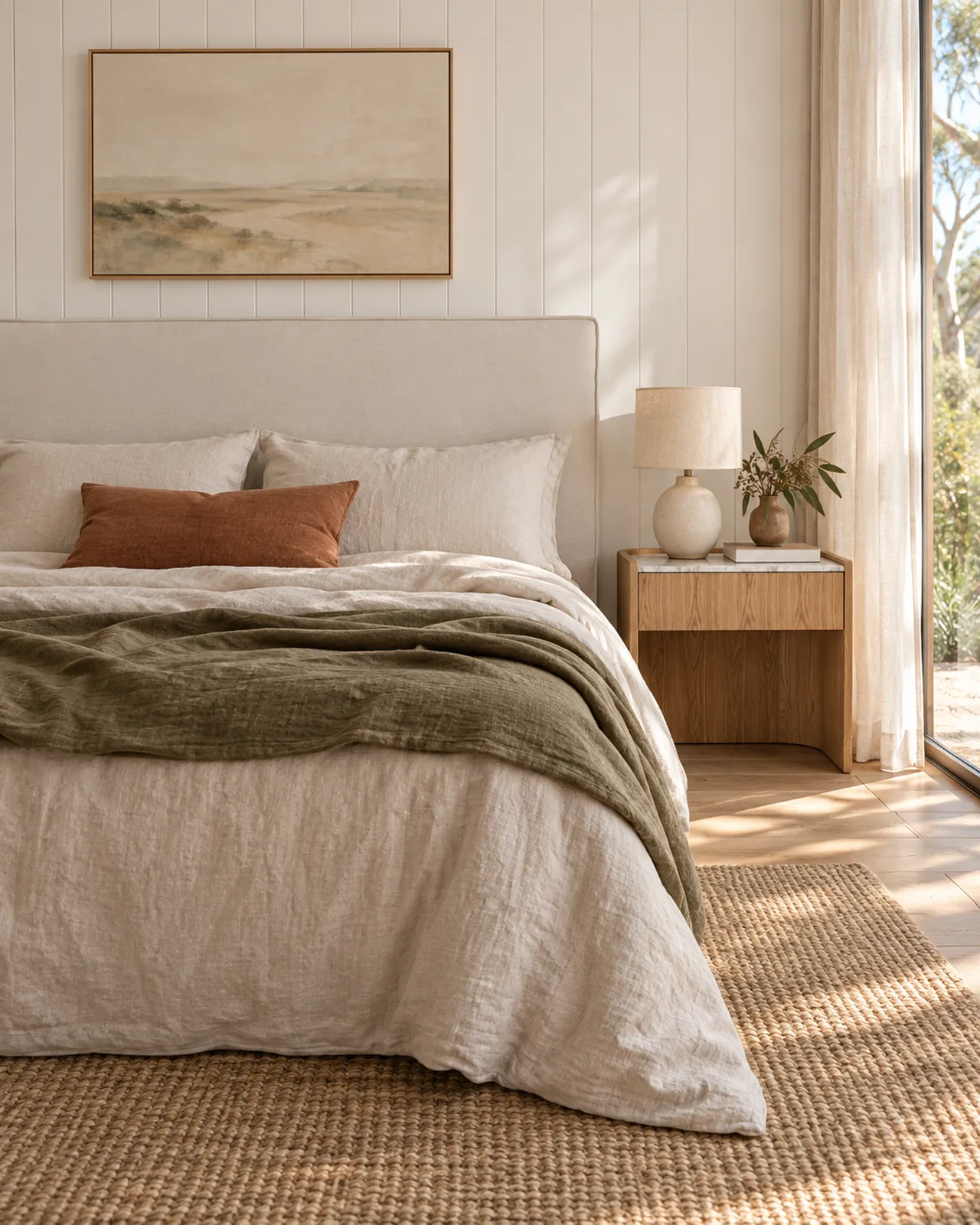 Linen bed with an olive throw beside a timber and marble bedside table