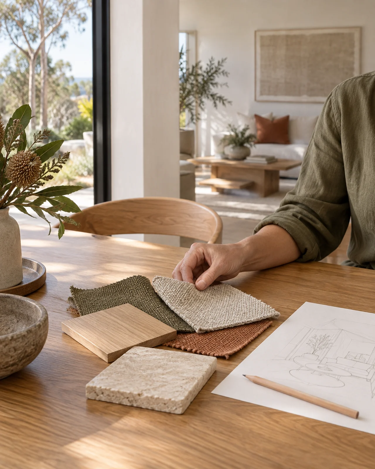 A designer comparing olive and oatmeal fabrics with timber and stone samples at an oak table