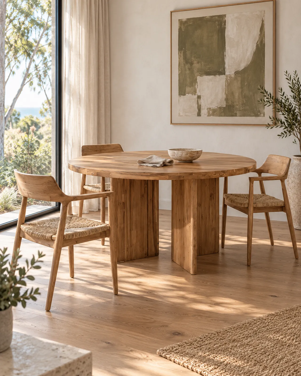 Round timber dining table and woven-seat chairs in a sunlit dining room