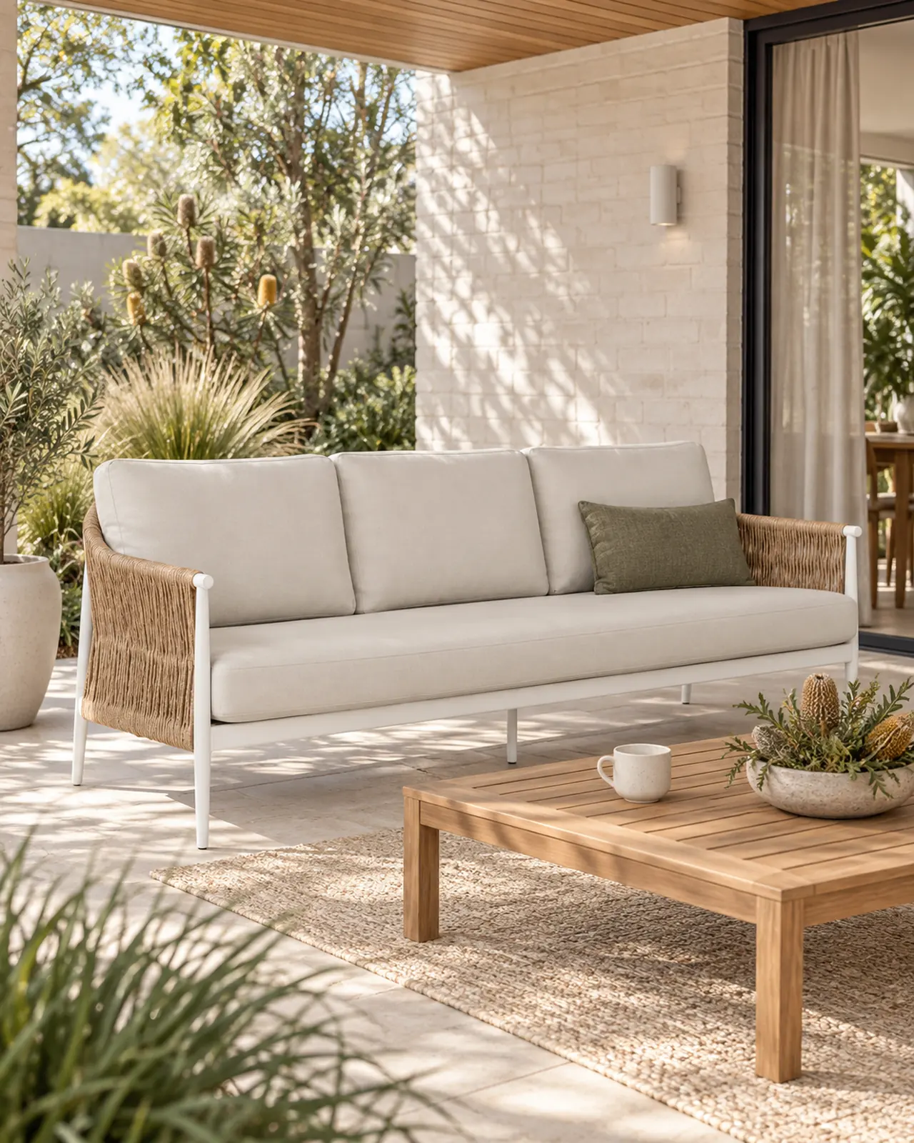Woven outdoor sofa and teak coffee table on a sheltered garden terrace