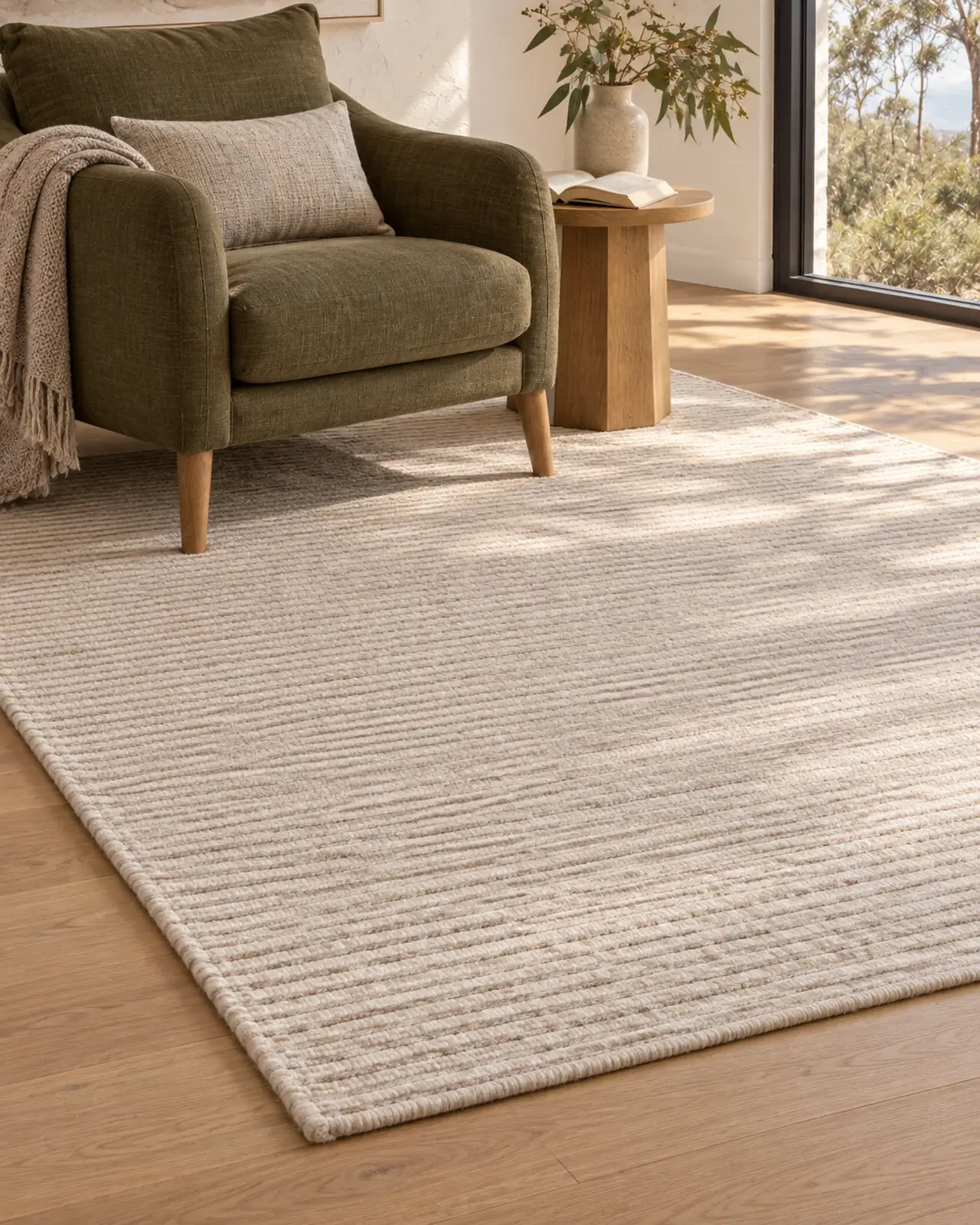 Textured sand wool rug on oak boards beneath an olive reading chair
