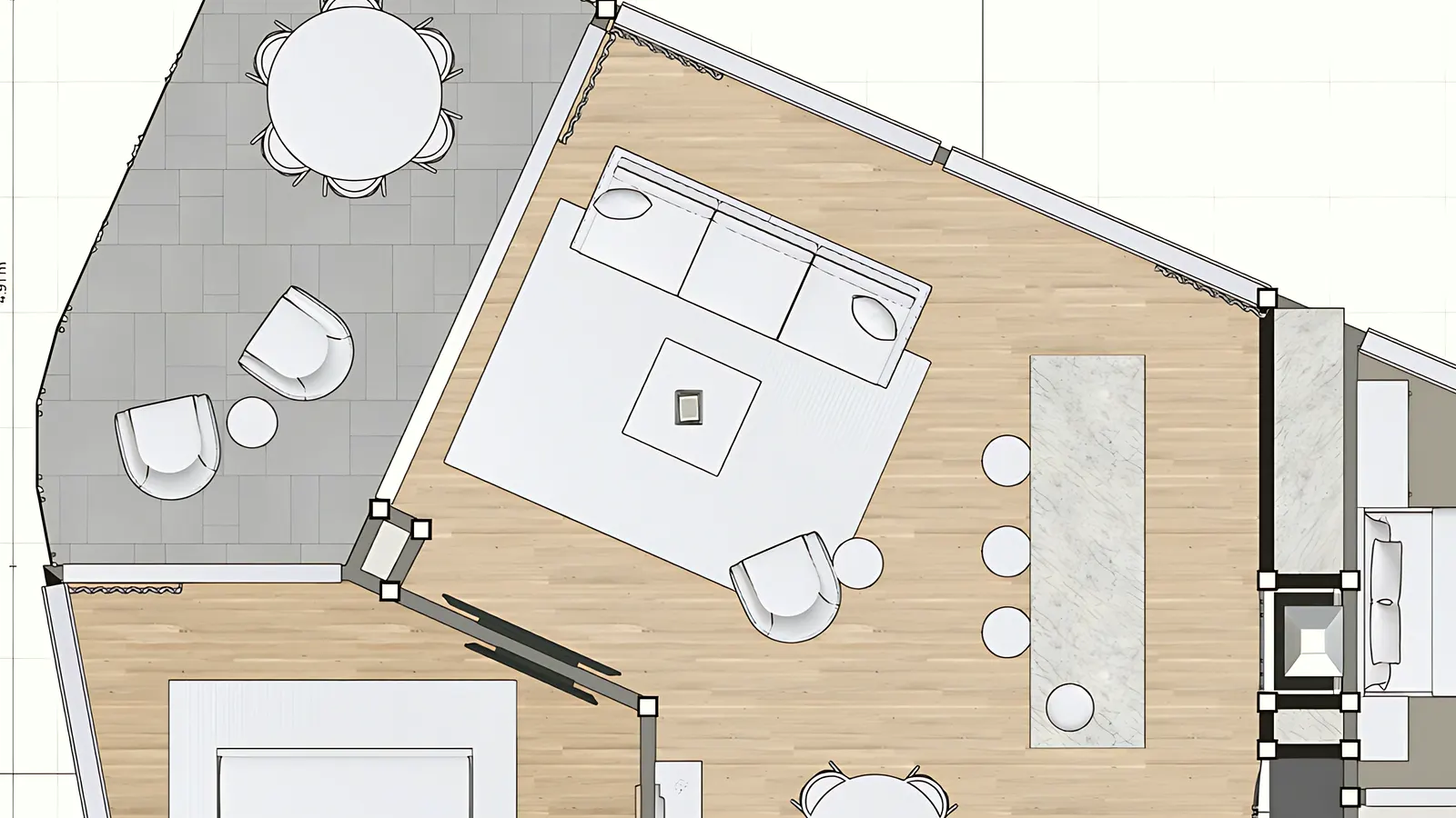 A real Biku floor plan of a living, dining and kitchen area, every piece to scale